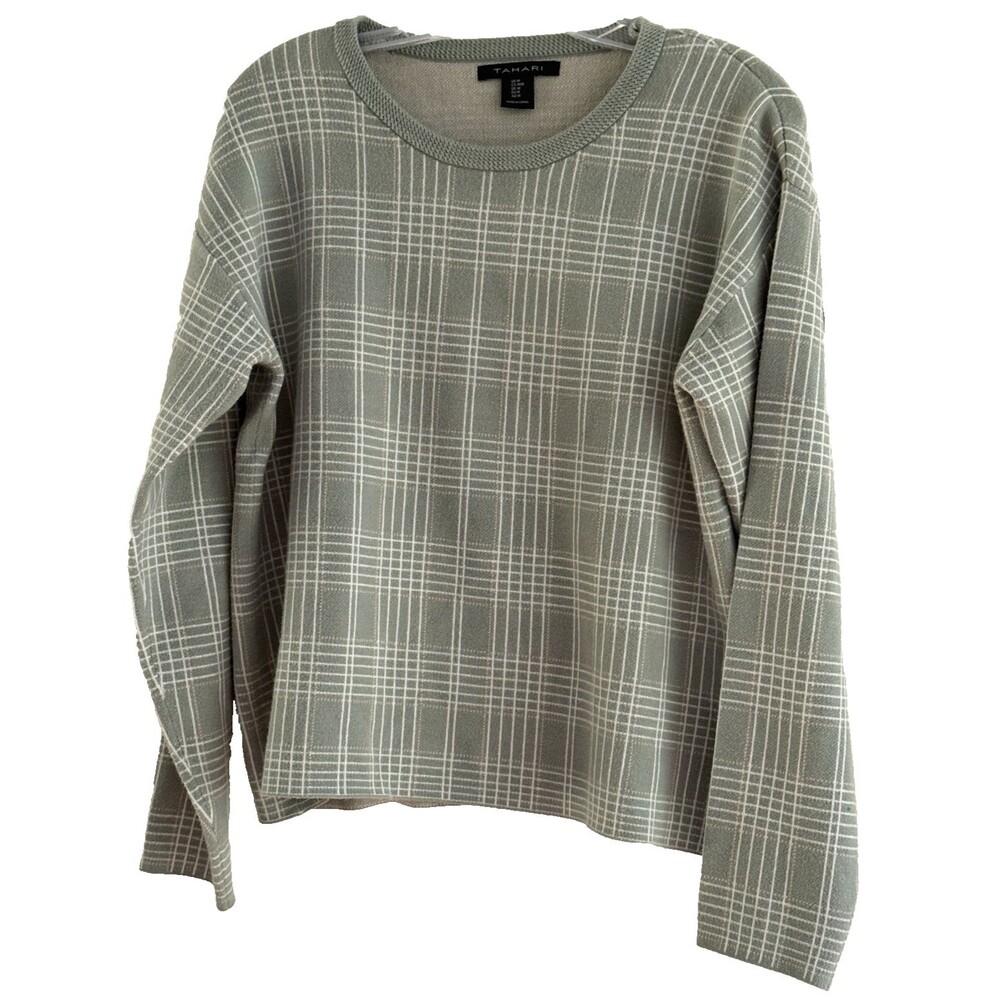 Tahari Plaid Crewneck Sweater Womens Medium Sage Green White Grid Knit NWOT
